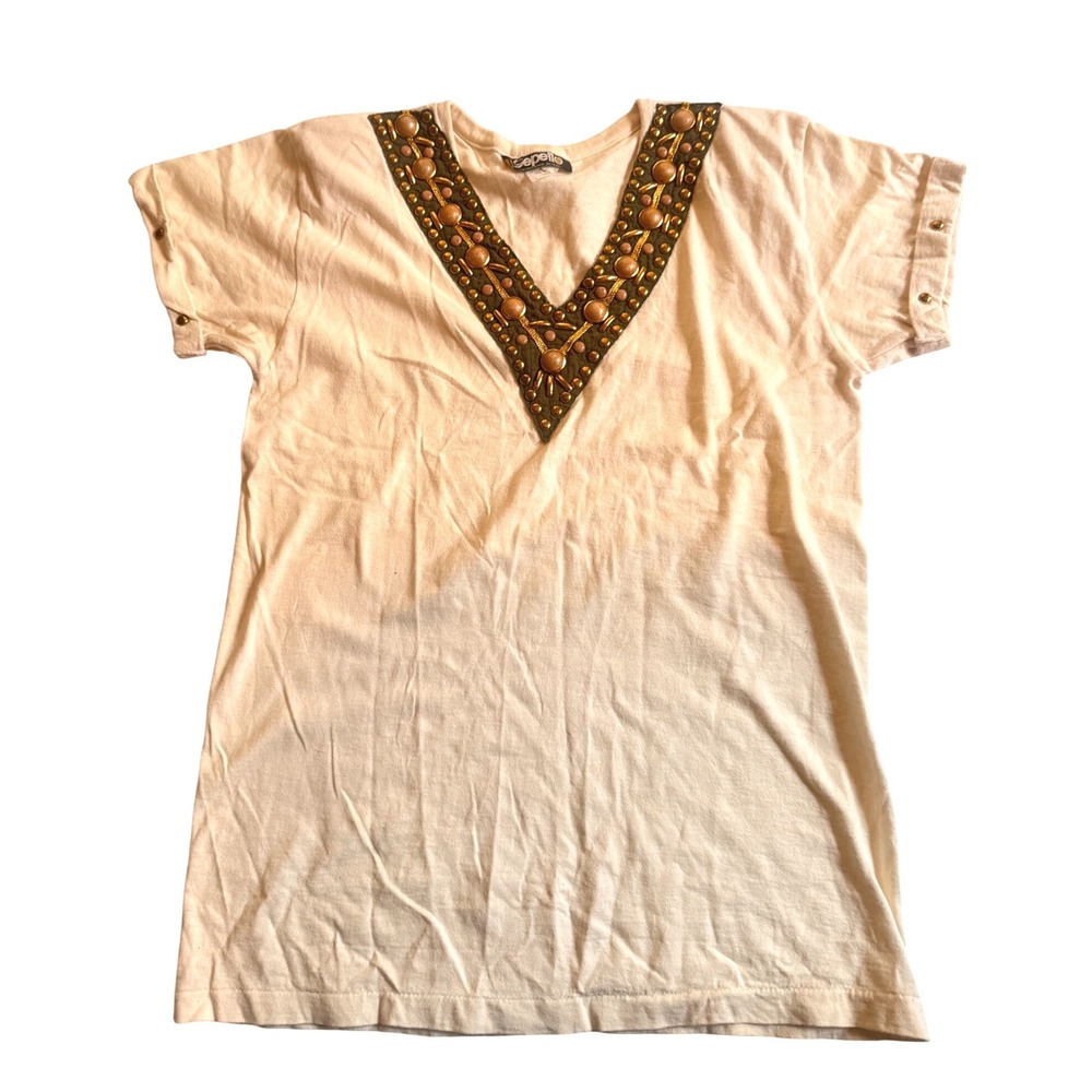 Gepetto Vintage Embellished V-Neck T-Shirt Cream Gold Studded Boho Small